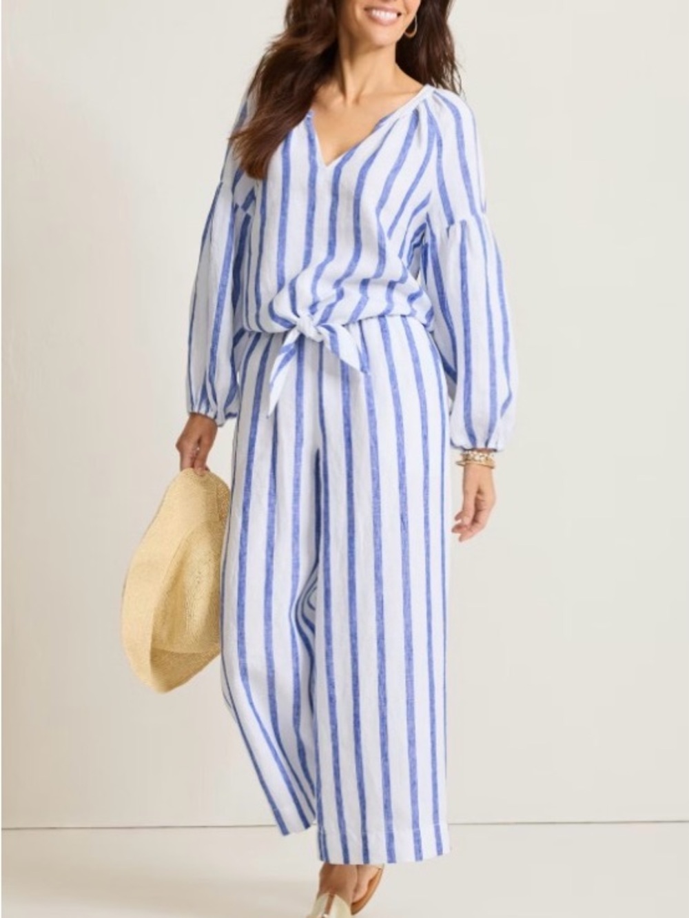 Tommy Bahama Striped Blue & White Wide-Leg High Waist Linen Summer Pants - Picture 10 of 10